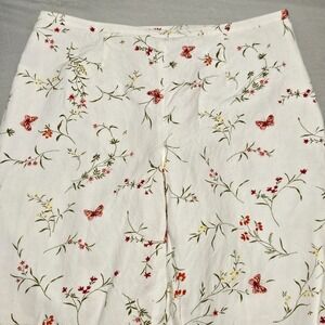August Silk Logic Pants Womens 10 White Floral Butterfly Linen Blend Wide Leg